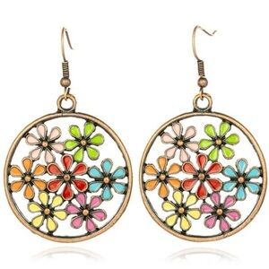 Bohemian Round Cutout Flower Enamel Earrings